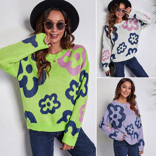 Ladies Large Knitted Sweater with Playful Floral Design Ivyshape
