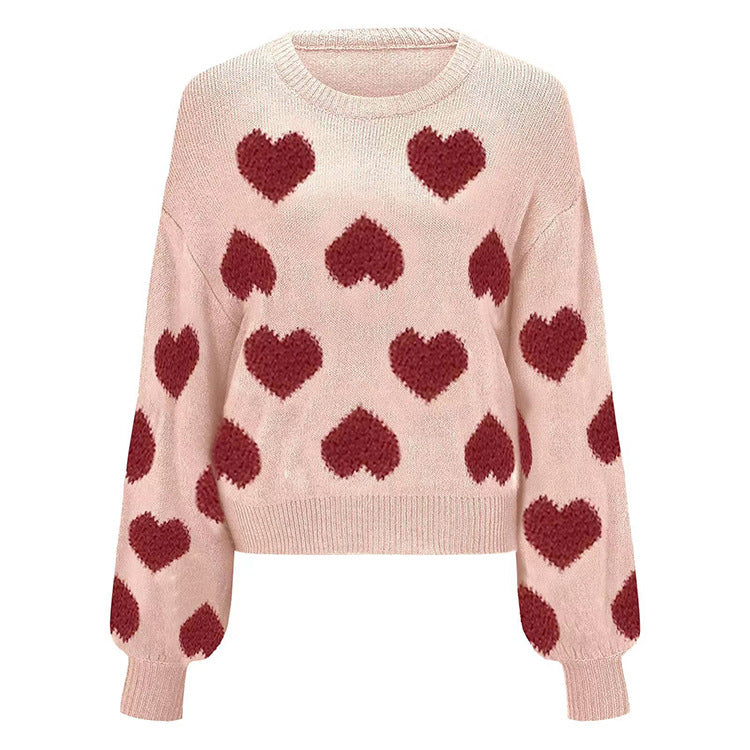 IvyShape | Puff sleeve heart jacquard pullover sweater