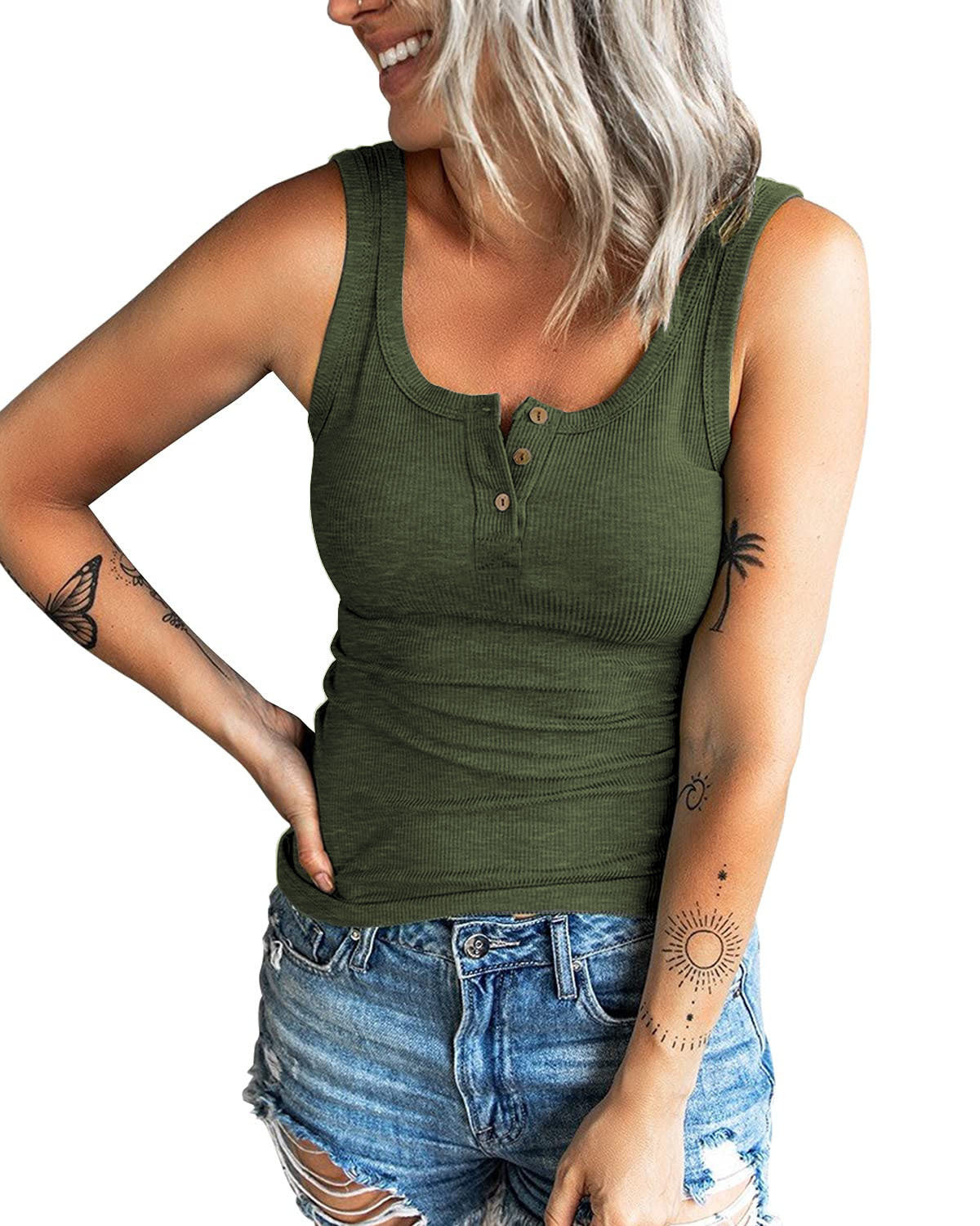 Women's sleeveless rib top with button placket and figure-hugging cut Ivyshape