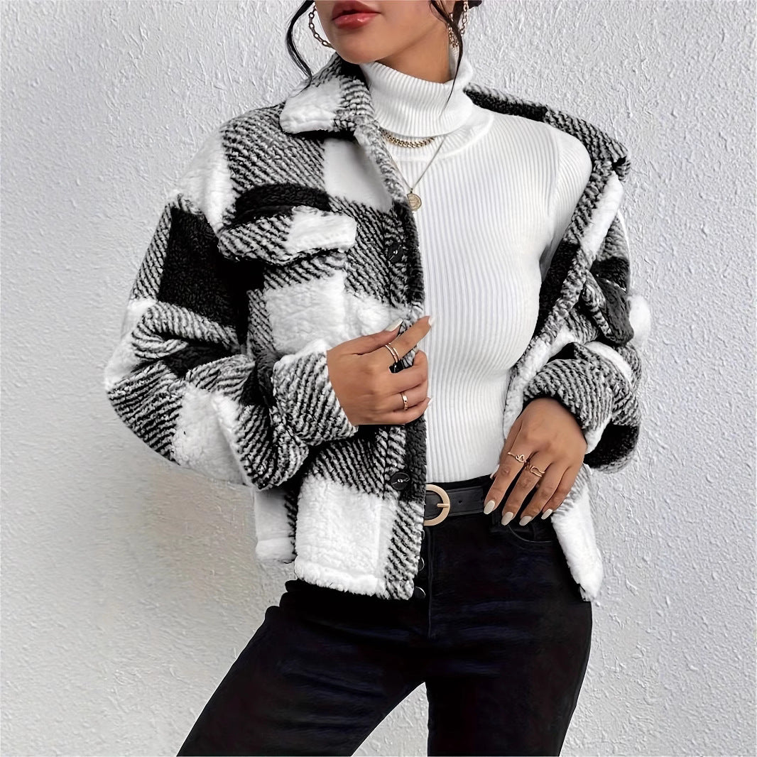 Women's Cosy Check Jacket with Fold-Down Collar Ivyshape