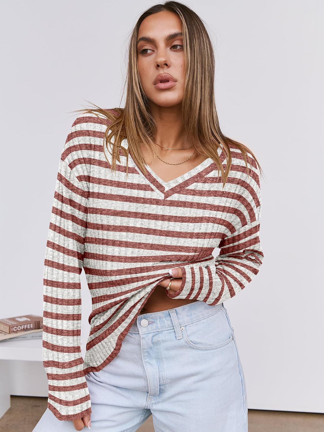 Ivyshape | Striped V-Neck Sweater