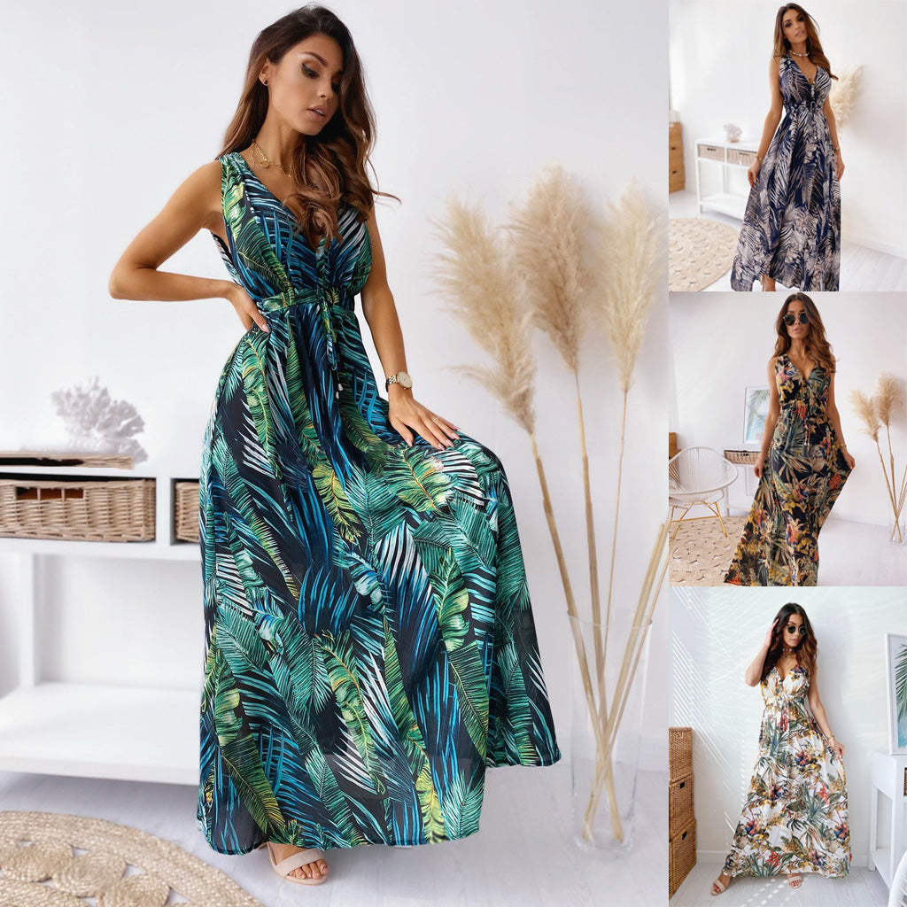 IvyShape | Printed Tie-Back Backless Long Dress