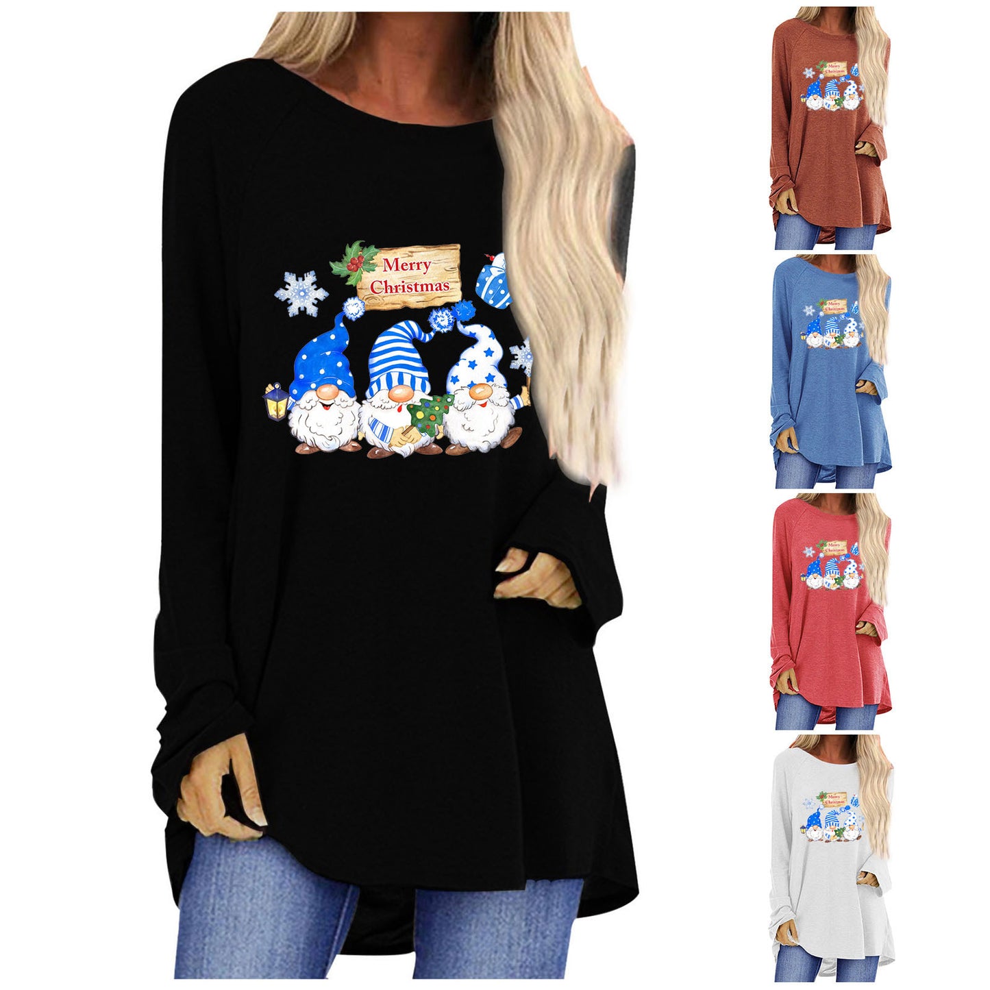 Women Oversized Long Sleeve Shirt with Festive Gnome Motif Ivyshape