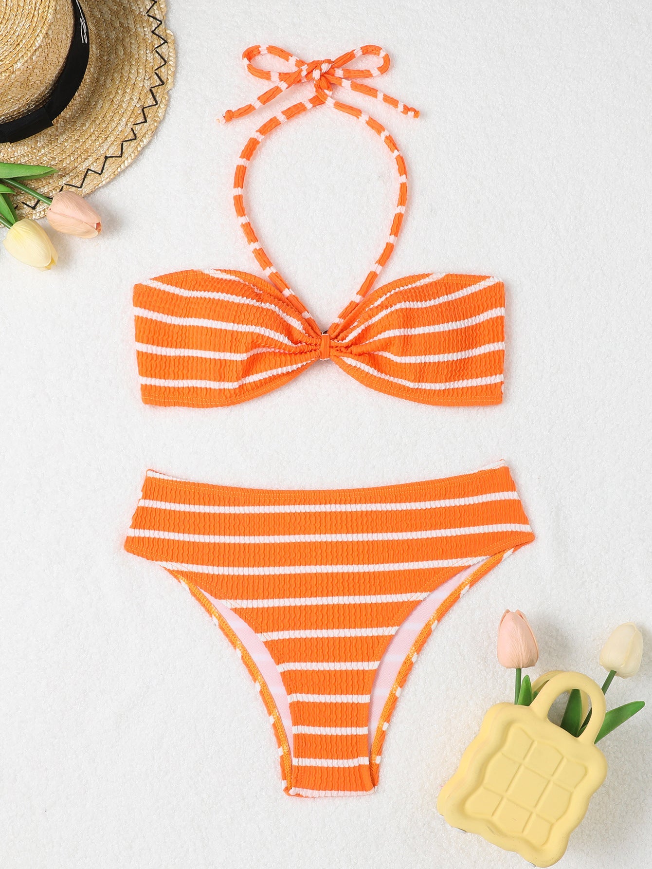 Women striped bikini set with braided top and high leg cut Ivyshape