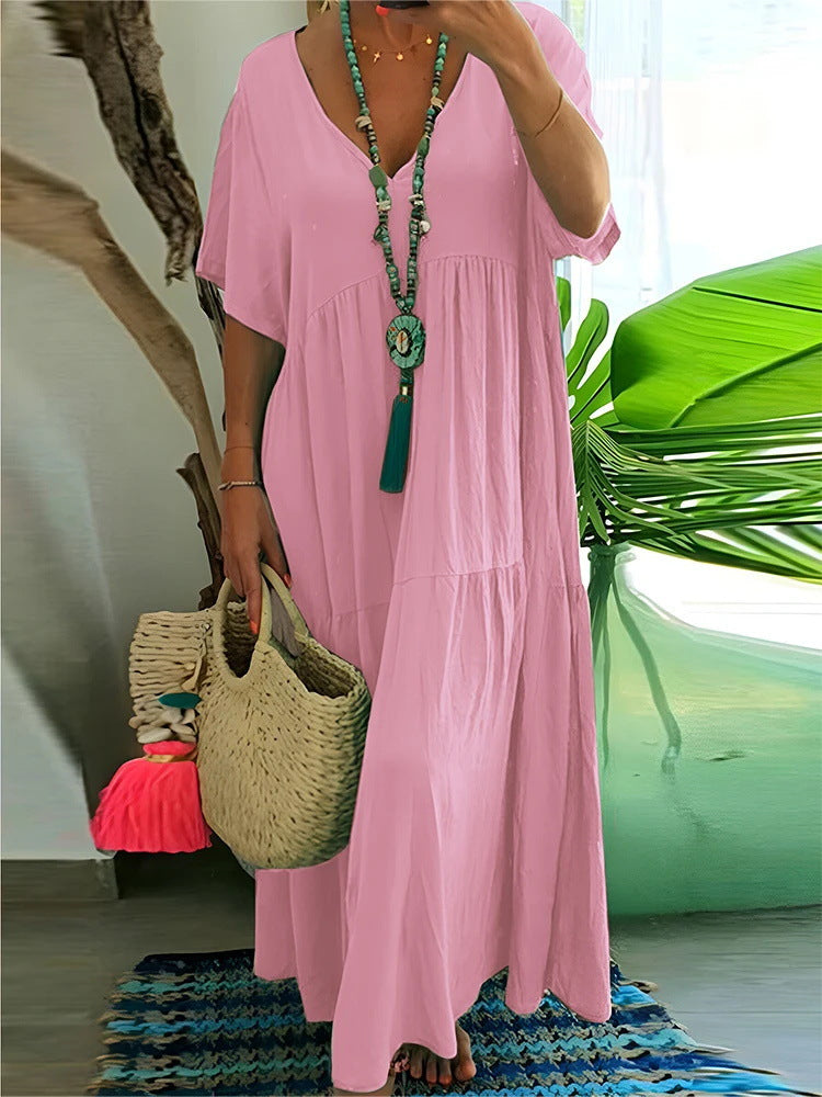 Women's airy boho maxi dress with flouncy hem and deep V-neck Ivyshape