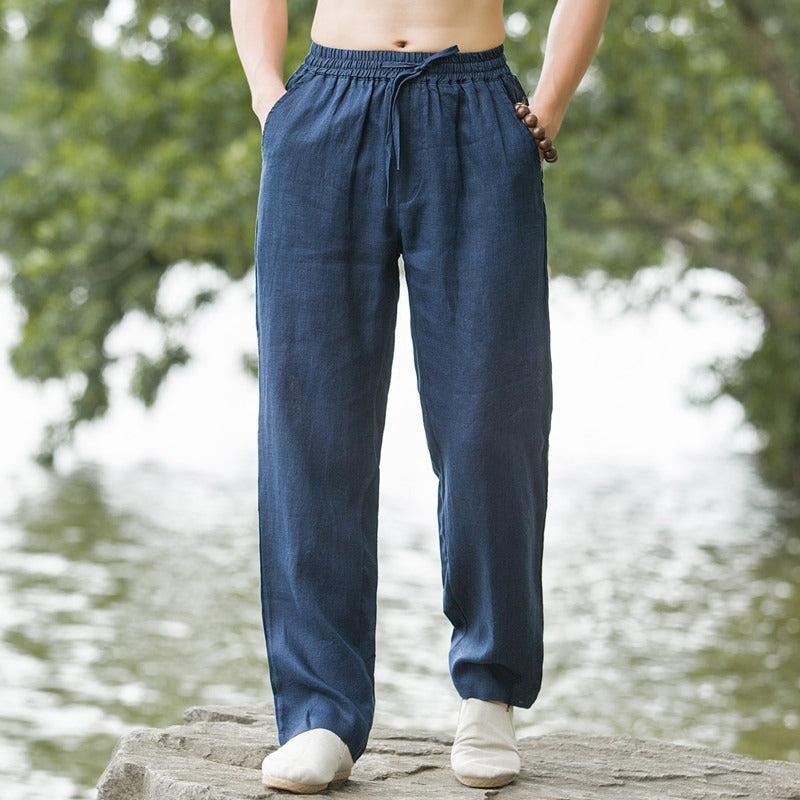 Men's casual linen pants with elastic waistband and practical side pockets Ivyshape