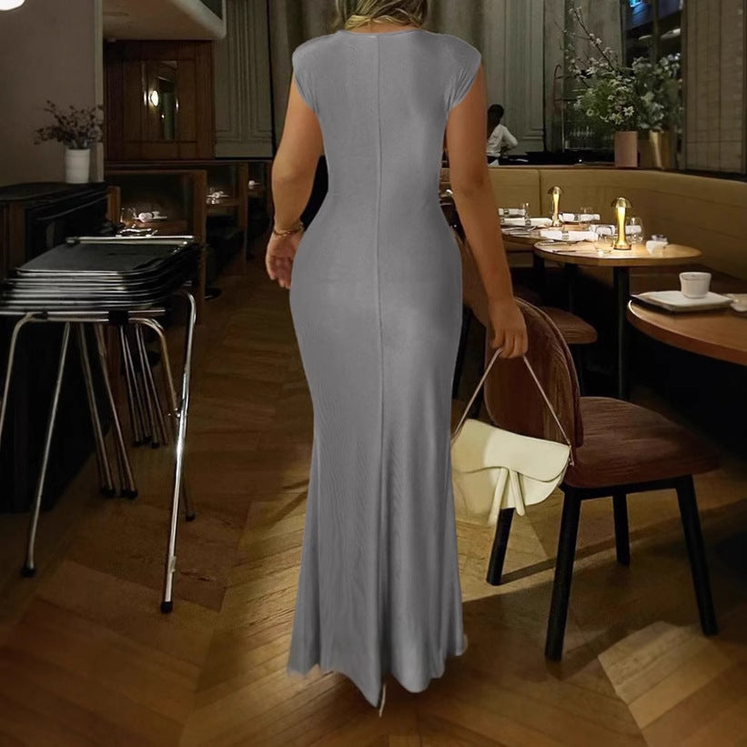 Women Elegant Wrap Maxi Dress with Side Ruffle Detail Ivyshape