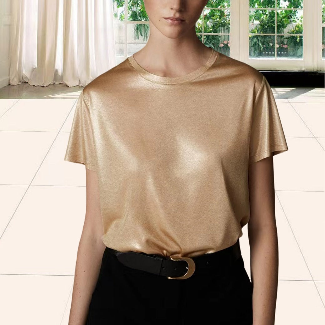 Women Elegant Shiny T-Shirt with Round Neckline and Loose Fit Ivyshape
