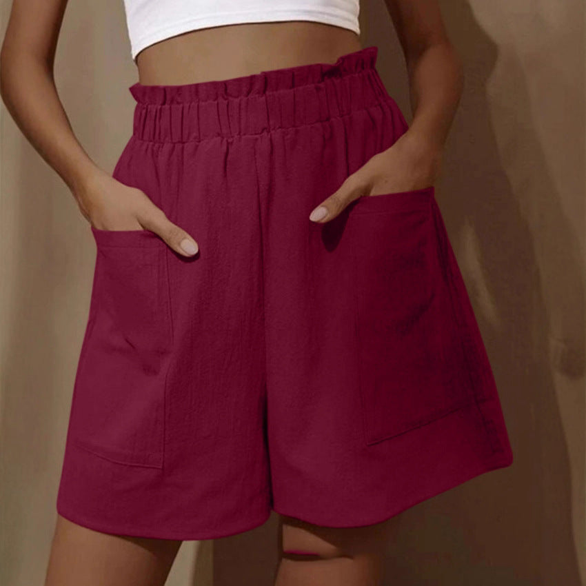 Women's casual linen shorts with elastic waist drawstring and practical side pockets Ivyshape