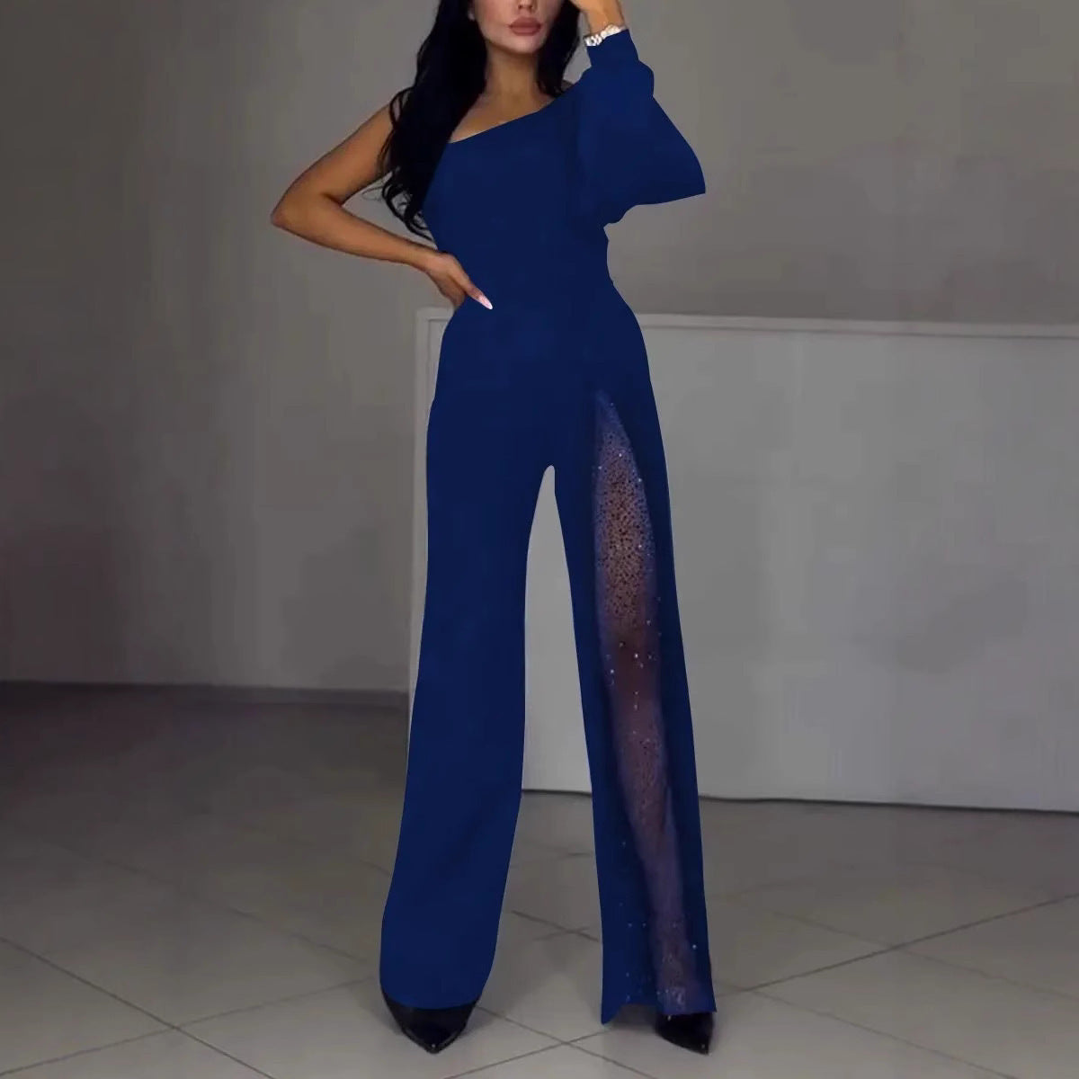 Ladies Elegant Jumpsuit with Transparent Inserts and Sequins Ivyshape