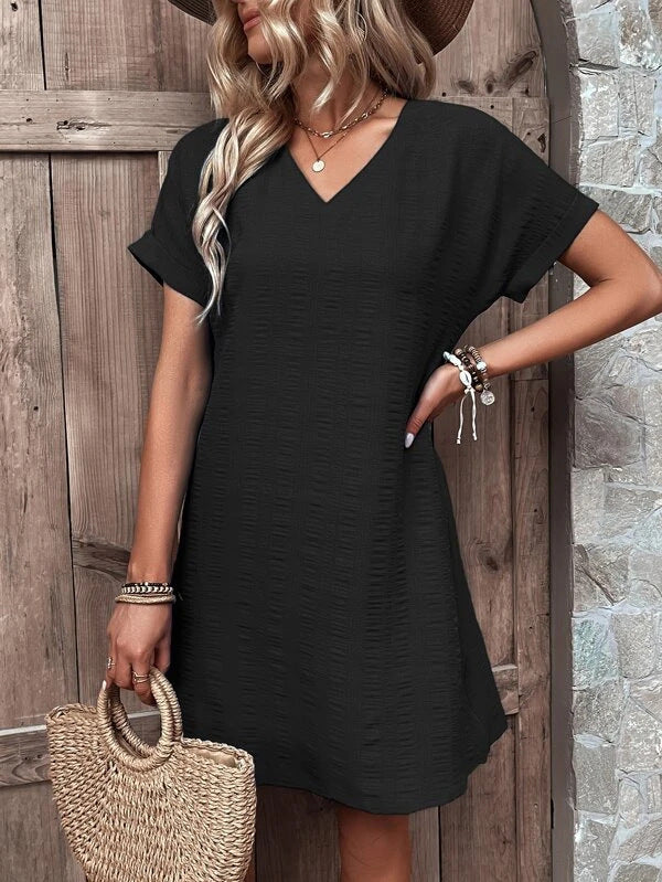 Women's V-neck Casual Linen Dress with Short Sleeves Ivyshape