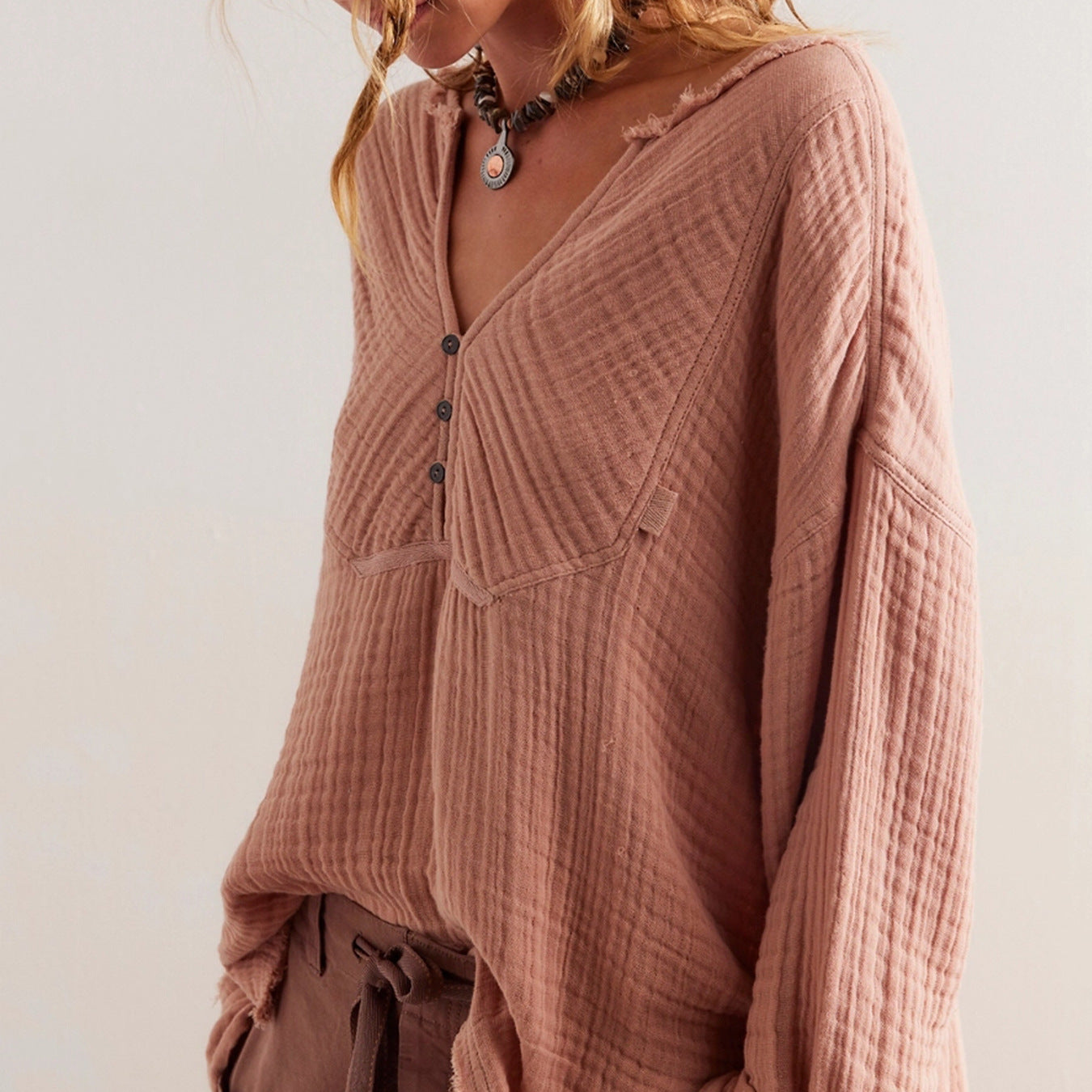 IvyShape | V-Neck Split Cotton Wrinkled Loose Long Sleeve Shirt