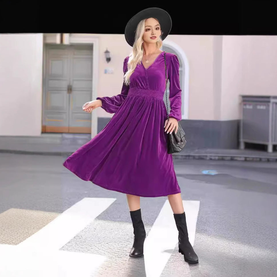 Women Elegant Velvet Maxi Dress with V-Neck and Slim Waist Ivyshape