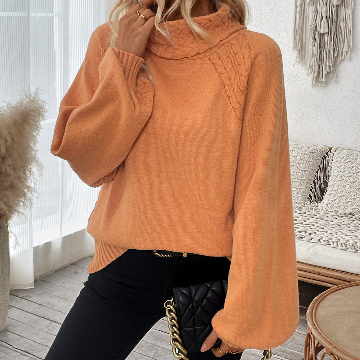 IvyShape | High Neck Cable Knit Lantern Sleeve Sweater