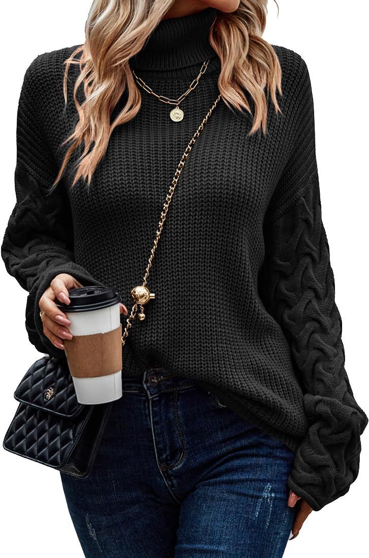 IvyShape | Fashionable Turtleneck Loose Cable Knit Long Sleeve Sweater