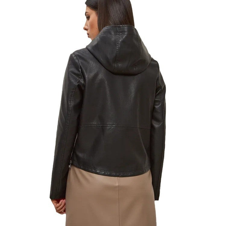 Women's fashionable faux leather jacket with hood and zip pockets Ivyshape