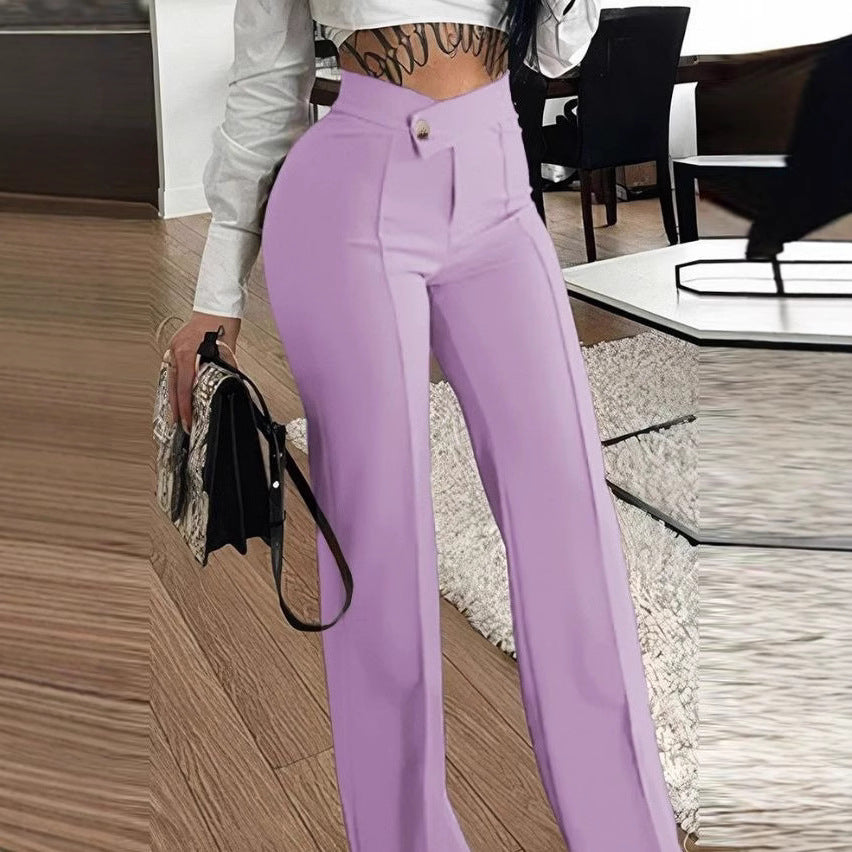Women Elegant Wide Trousers with High-Waist Cut and Decorative Button Ivyshape