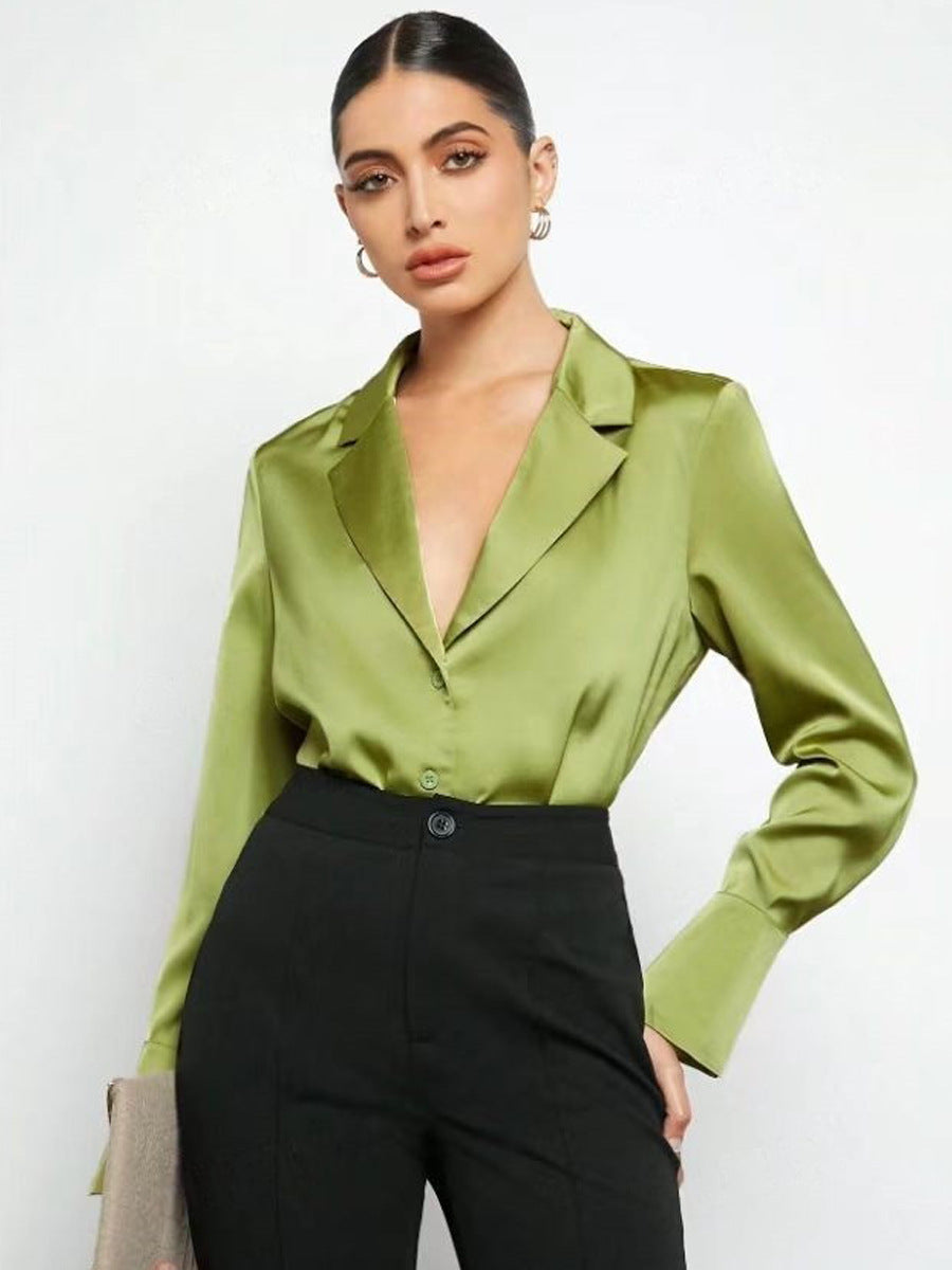 IvyShape | Minimalist Faux Silk Satin Long Sleeve Shirt