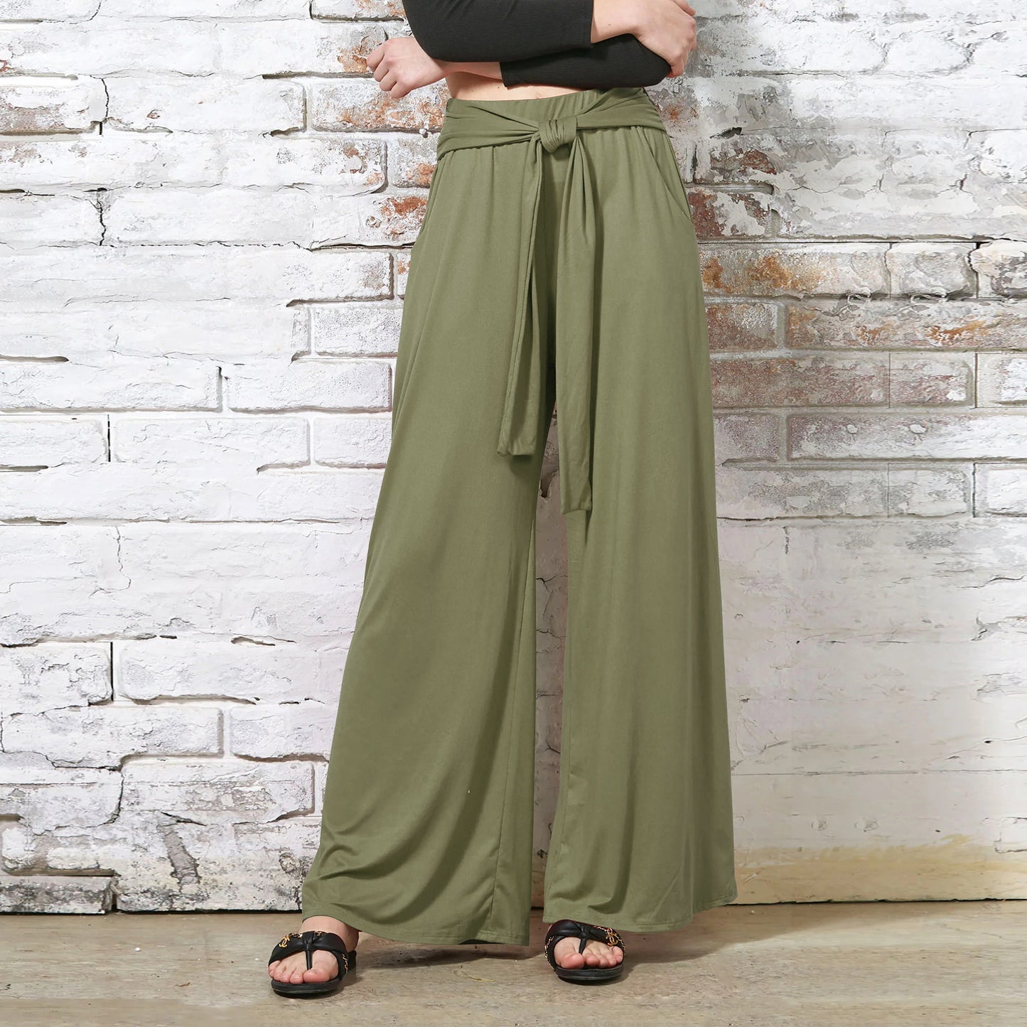Ladies wide-cut summer pants with high-quality waistband and elegant bow detail Ivyshape