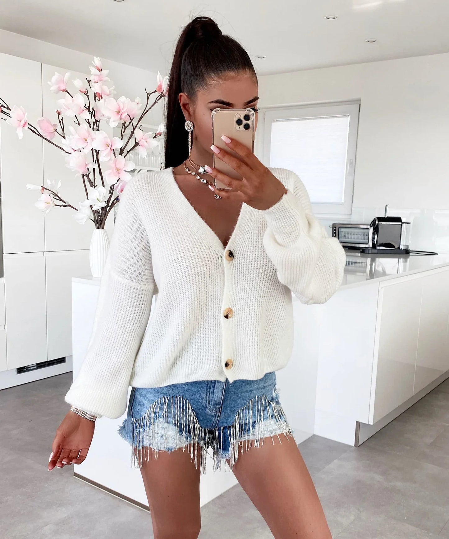 Women's cardigan with voluminous sleeves and high-quality wooden buttons Ivyshape