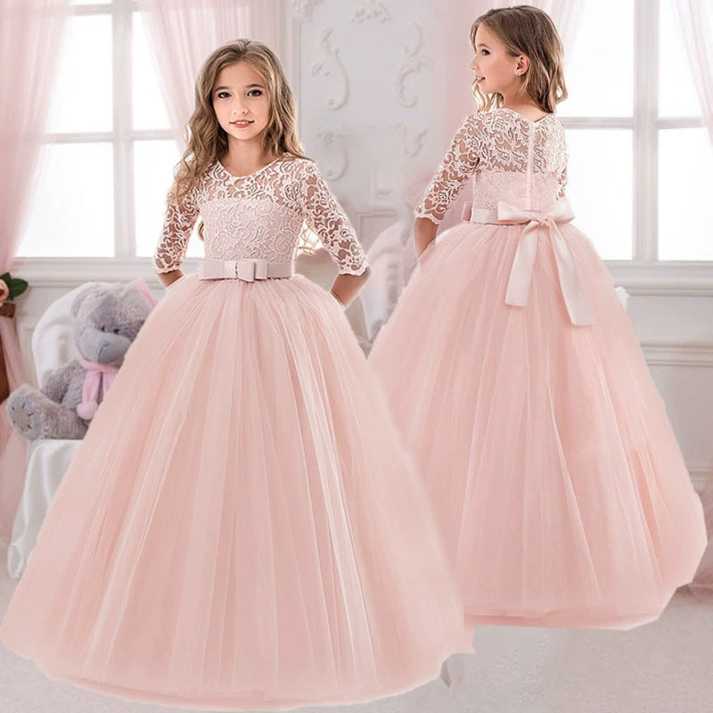 Girls' Festive Tulle Dress with Lace Bodice and Waist Belt Ivyshape
