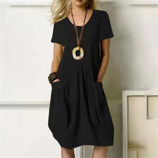 Ivyshape | Solid Color Dress with Loose Round Neck and Short Sleeves