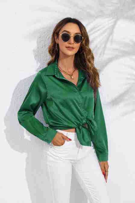 Women Elegant Silk Blouse with Button Front and Tie Ivyshape