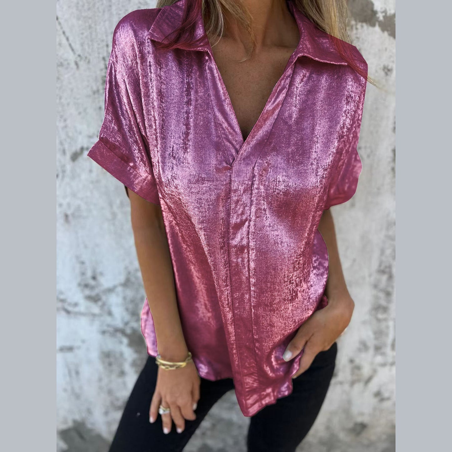 Women Elegant Short Sleeve Blouse made of Shiny Material Ivyshape