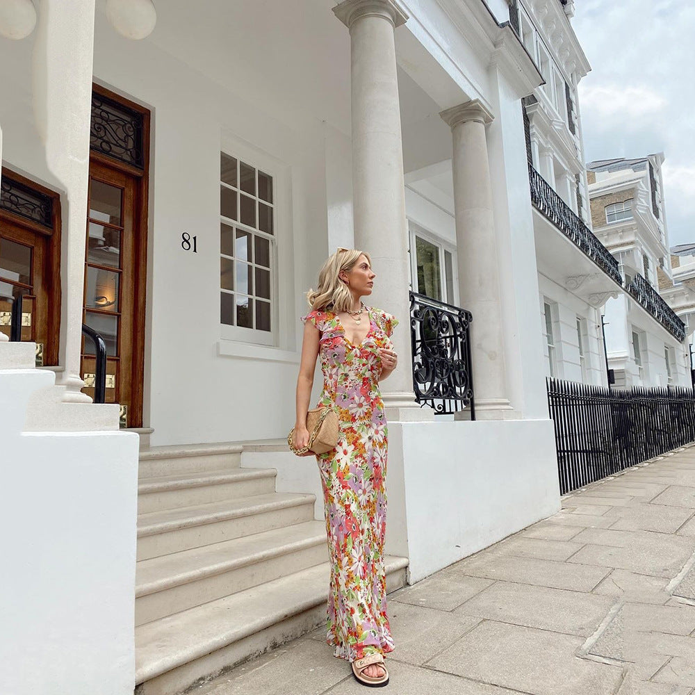 Women’s Floral Maxi Dress with Ruffle Cuts and Deep V-Neck Ivyshape