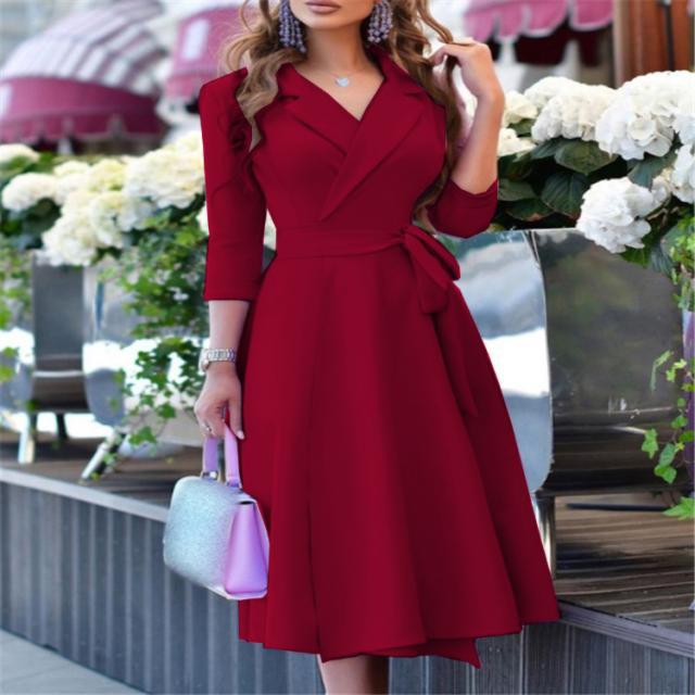 IvyShape | Waist-Cinched Long Sleeve Flowing Dress