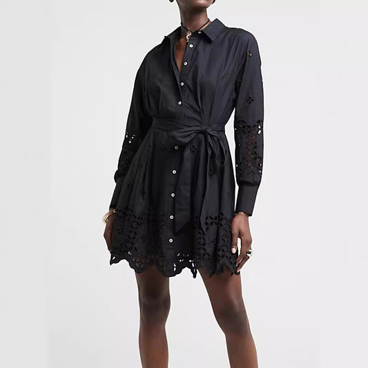 IvyShape | Hollow Embroidered Shirt Collar Tie Dress