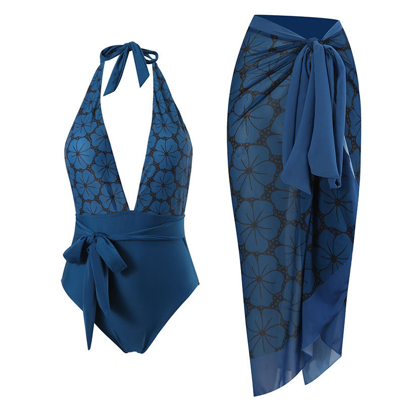 Ladies swimwear set with floral pattern and elegant overlay Ivyshape