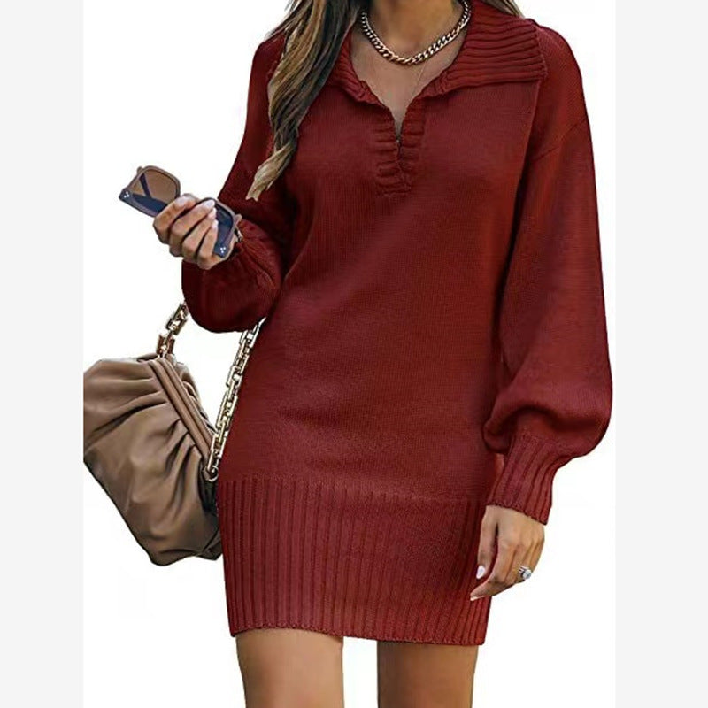 IvyShape | Stylish Mid-Length Lapel Lantern Sleeve Knitted Dress