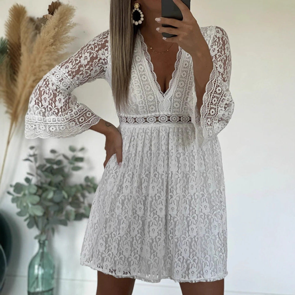 Women's lace dress with deep V-neckline and elegant bell sleeves Ivyshape