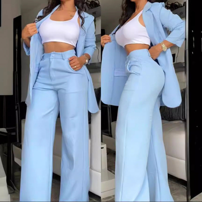 Ladies Elegant Two-Piece Set with Wide Leg Trousers and Tailored Blazer Ivyshape