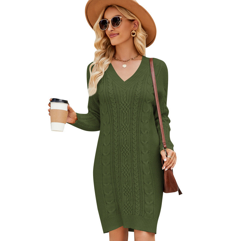 IvyShape | Solid Color V-Neck Twist Knitted Dress