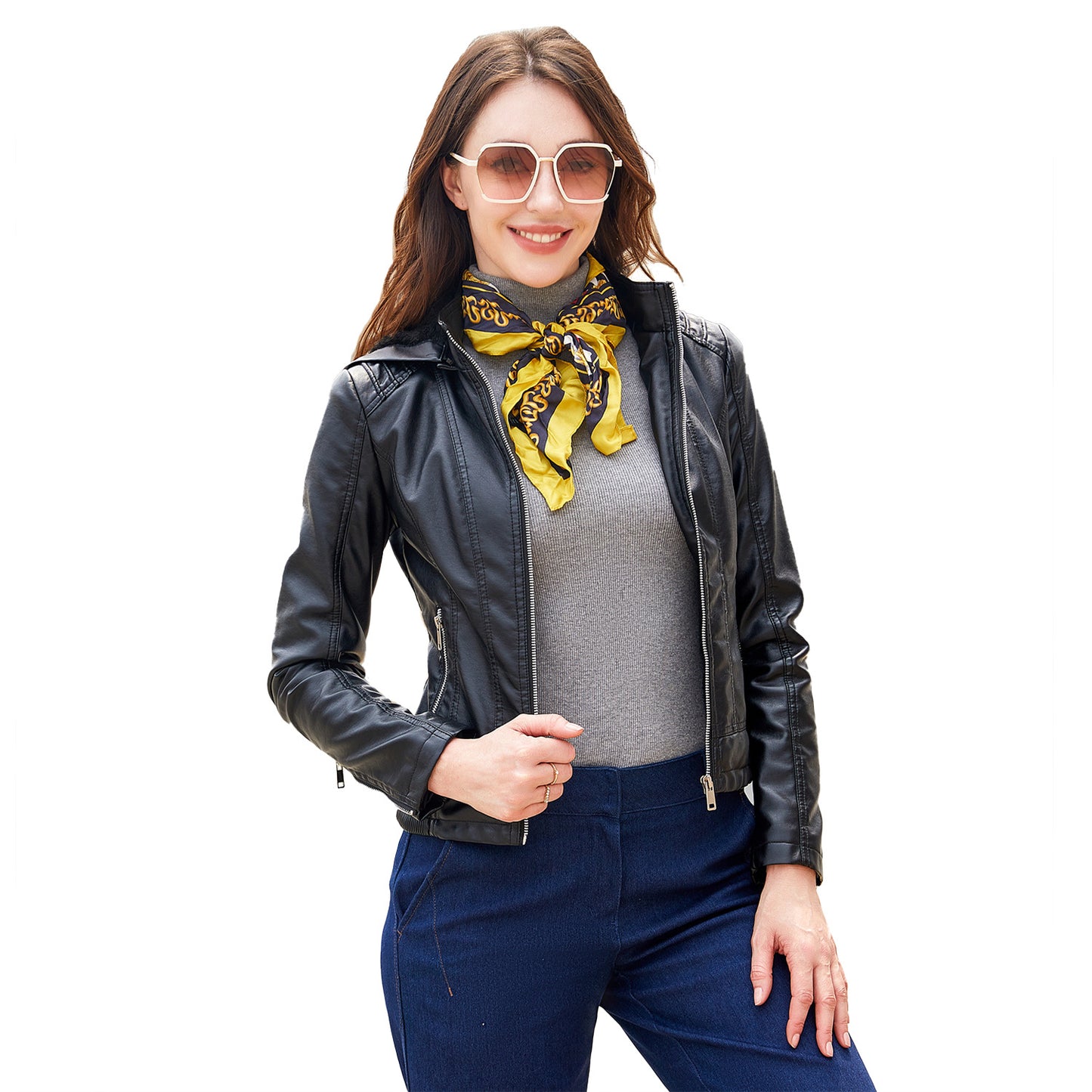 Ladies stylish faux leather jacket with high collar and elastic cuffs Ivyshape