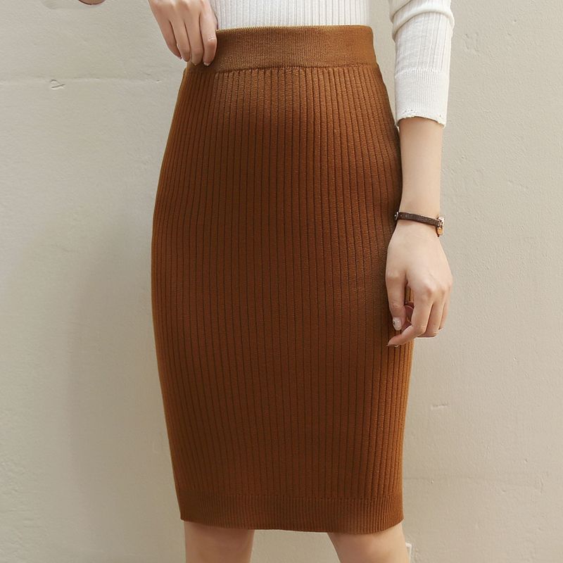 Women Knitted Pencil Skirt with High Waist and Ribbed Texture Ivyshape