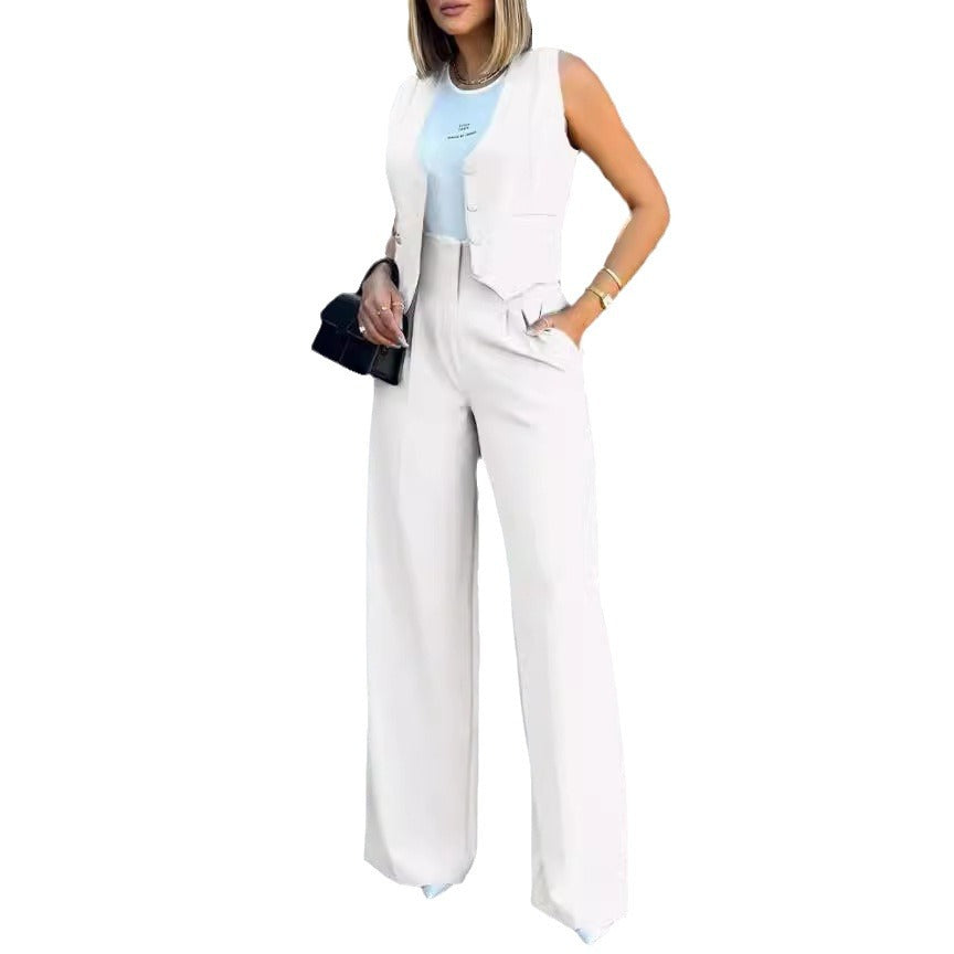 Women Elegant Two-Piece Set with Tailored Blazer and Wide Leg Pants Ivyshape