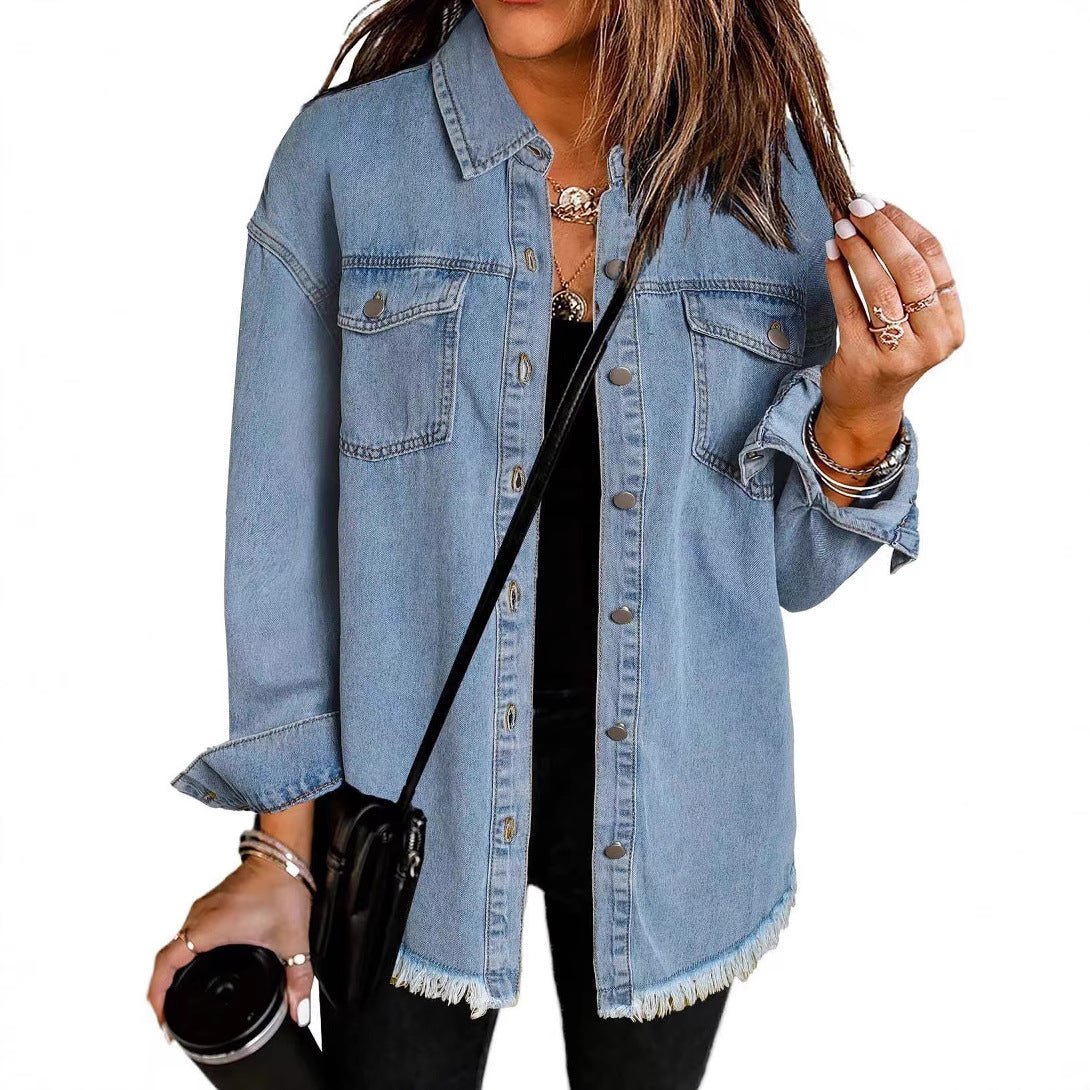 Women's Casual Denim Shirt with Frayed Hem and Practical Chest Pockets Ivyshape