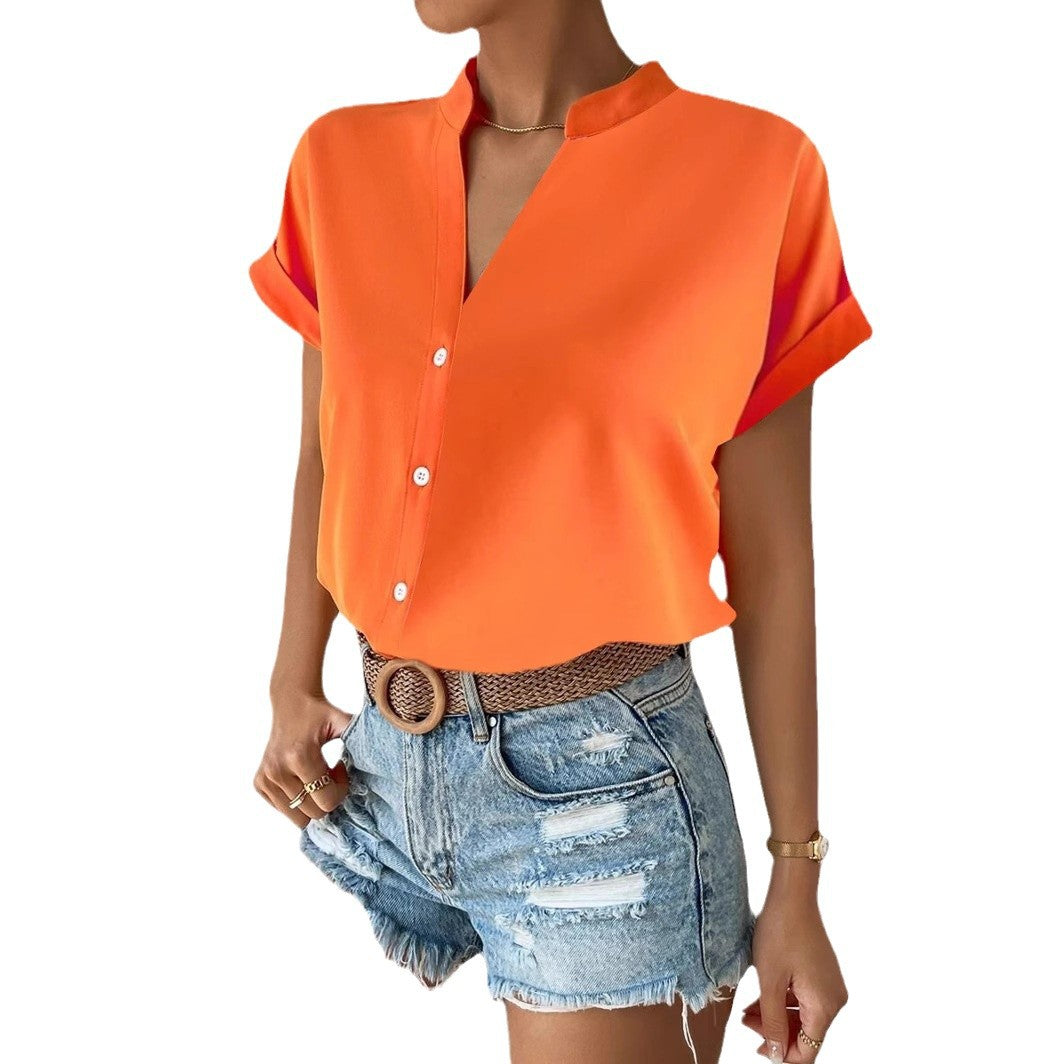 Women Elegant Short Sleeve Blouse with Stand Collar and Subtle Button Details Ivyshape