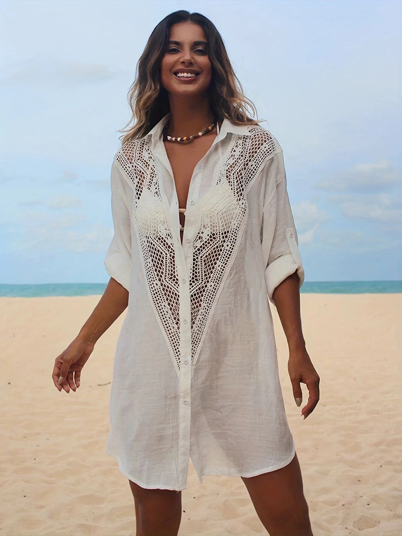 Spell Bamboo Shirt Beach Blouse Sexy Hollow Sunscreen Bikini Blouse Cover Up