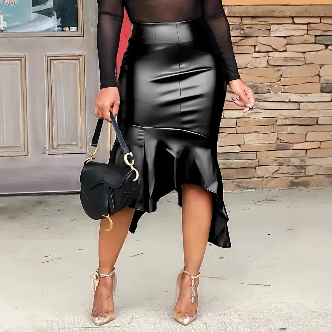 Women Faux Leather Midi Skirt with Asymmetric Hem and Elegant Ruffles Ivyshape