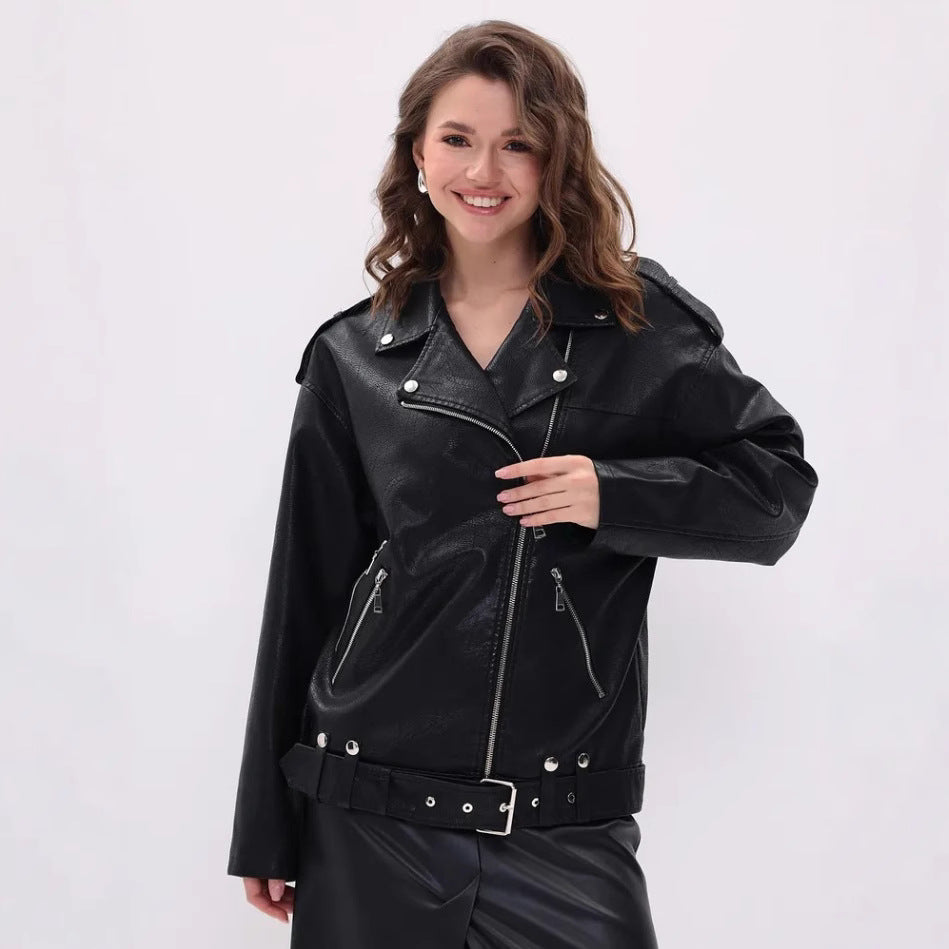 Women's fashionable biker jacket with innovative details Ivyshape