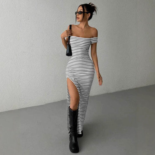 Women Figure-Hugging Dress with Off-Shoulder Neckline and Slit Ivyshape