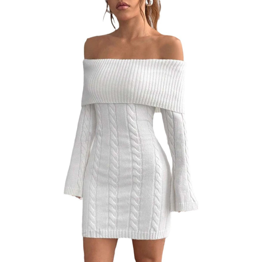 Women figure-hugging knitted dress with wide neckline Ivyshape