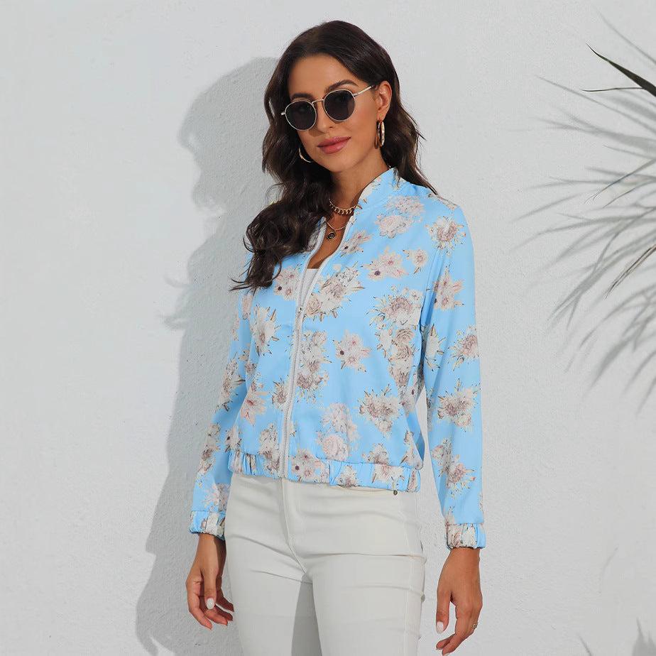 Ladies Floral Pattern Bomber Jacket with Elastic Waistband Ivyshape
