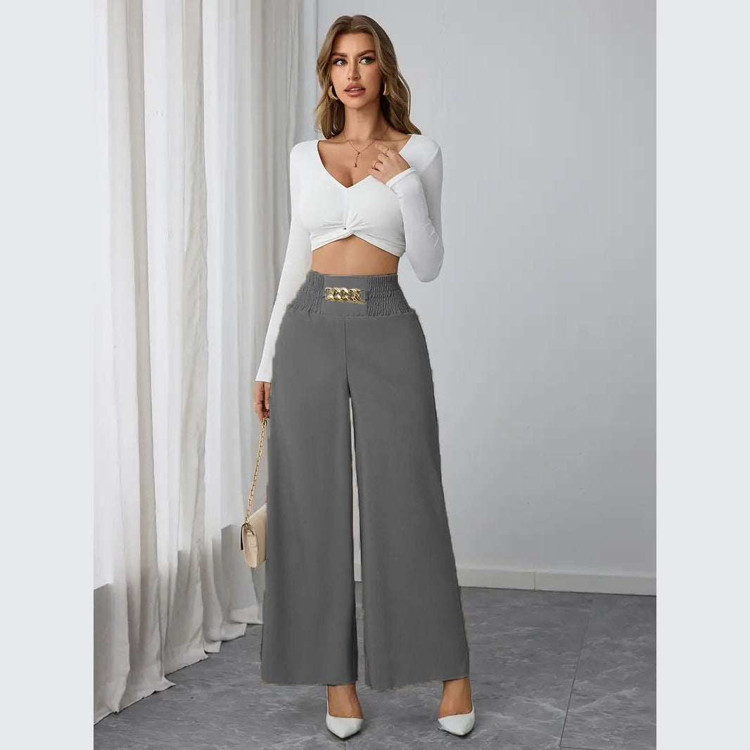 Women's Wide Trousers with Ruffle Details and Stylish Belt Design Ivyshape