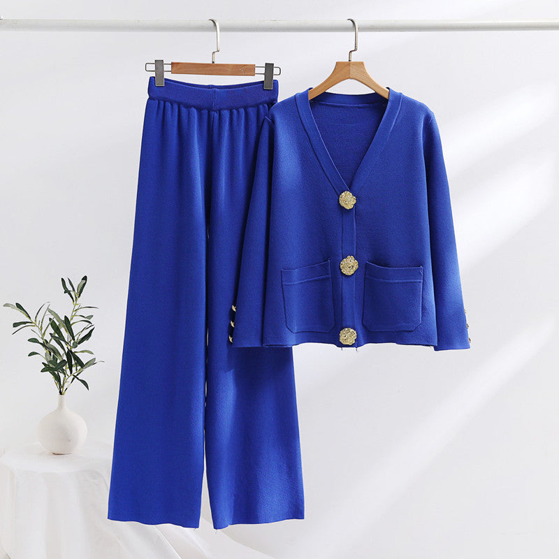 IvyShape | Golden Buckle Sweater and Wide Leg Pants Set