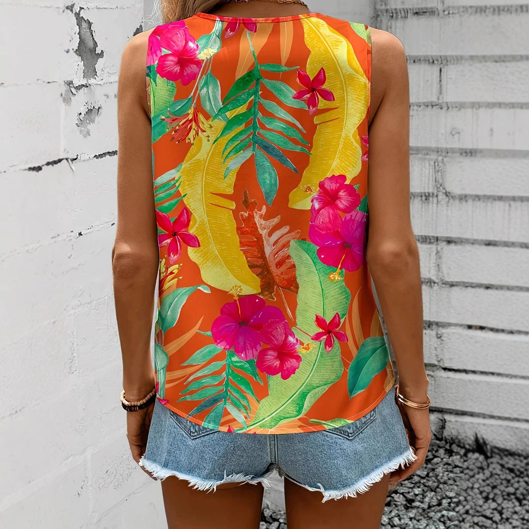 Women Viscose Top with Tropical Flower Pattern and V-Neck Ivyshape